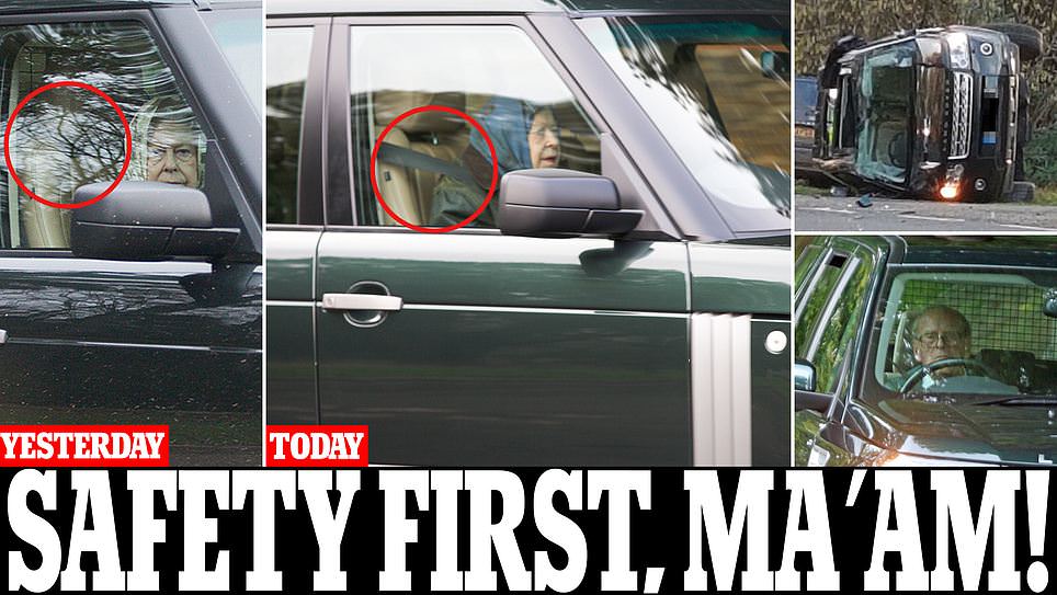 The Queen wears a seatbelt one day after she was criticised for not buckling up in her Range Rover following Prince Philip's crash