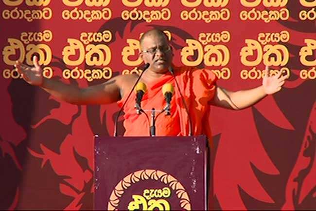 The top most racialist Buddhist monk Gnansara Thero calls on clergy to help create a Sinhalese govt.