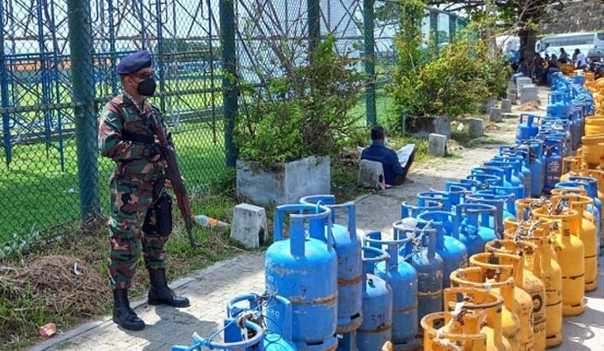 Gas cylinders lined up outside Galle stadium